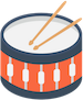 <div class='instrument-info'><h3>Snare Drum</h3><p>The snare drum sounds raspy. This is because it has a set of bent wires underneath that rattle when you hit the drum.</p></div> Snare Drum